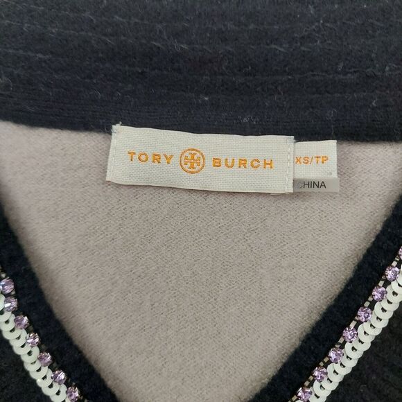 Tory Burch Sweater Womens XS Beige Merino Wool Rhinestones Sequin V-Neck Grandma - Picture 8 of 13